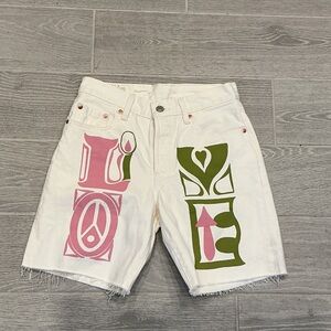Levi’s 501 White Button-Up Shorts with Pink and Green Love Women’s Sz 24 NWT